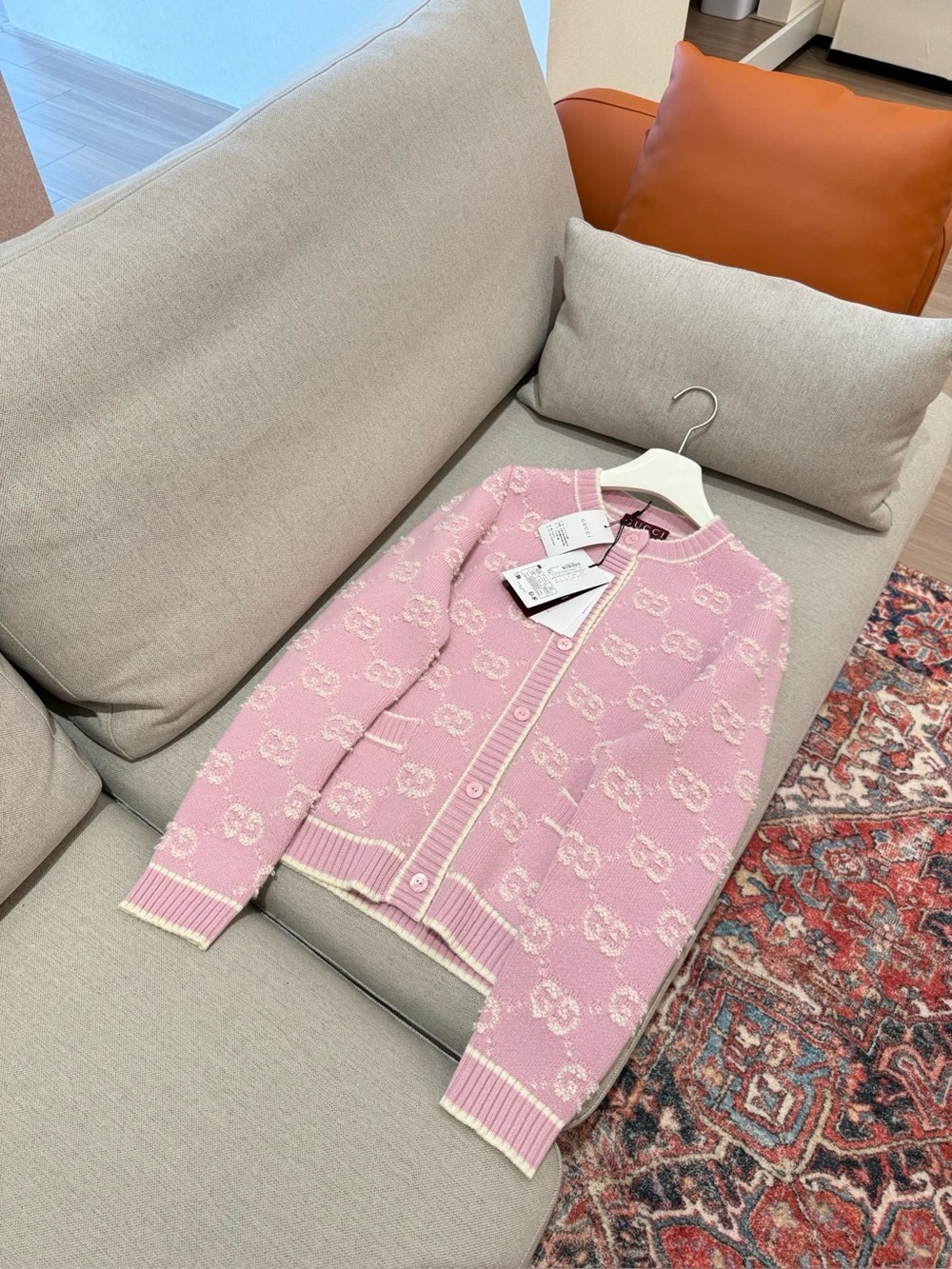 Gucci Sakura Pink Raised GG Monogram Jacquard Crewneck Knit Cardigan